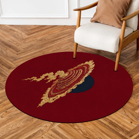 Japanese Abstract Round Area Flat Rug | Minimalist Red & Gold Circular Floor Mat | Modern Oriental Art Round Flat Rug for Living Room, Bedroom, Reading Corner & Contemporary Home Decor