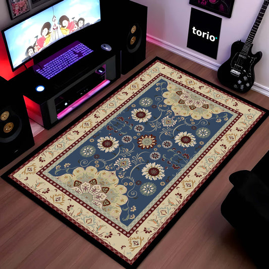 Classic Blue Floral Vintage Floor Mat (3 mm Thick) | Royal Traditional Pattern Area Mat for Living Room, Bedroom & Elegant Home Decor