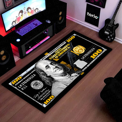 Benjamin Franklin Black & Gold Dollar Money Flat Rug | Bedside Runner  Luxury Currency Design