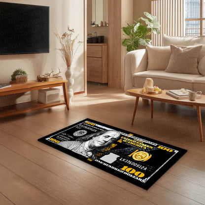 Benjamin Franklin Black & Gold Dollar Money Flat Rug | Bedside Runner  Luxury Currency Design