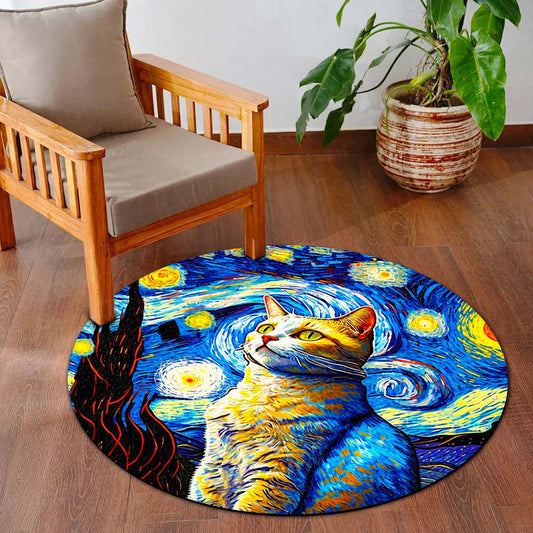 Starry Night Cat Rounded Flat Rug | Artistic Cat Round Flat Rug | Blue & Yellow Home Décor