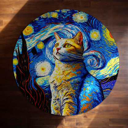Starry Night Cat Rounded Flat Rug | Artistic Cat Round Flat Rug | Blue & Yellow Home Décor