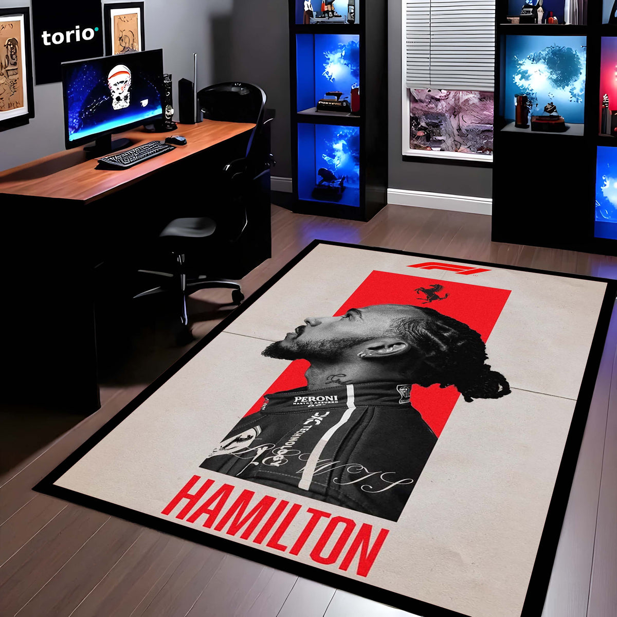 Lewis Hamilton Scuderia Ferrari F1 Area Flat Rug | Formula 1 Racing Legend Area Flat Rug | Premium Motorsport Living Room & Gaming Room Floor Decor
