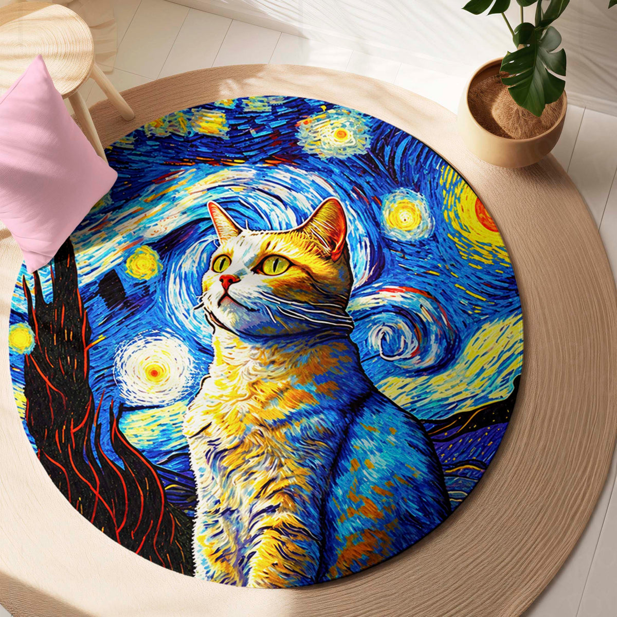 Starry Night Cat Rounded Flat Rug | Artistic Cat Round Flat Rug | Blue & Yellow Home Décor