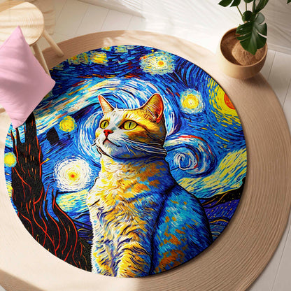 Starry Night Cat Rounded Flat Rug | Artistic Cat Round Flat Rug | Blue & Yellow Home Décor