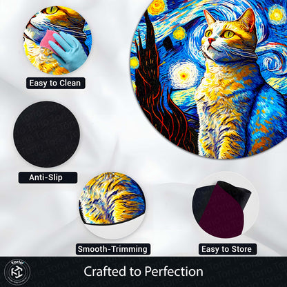 Starry Night Cat Rounded Flat Rug | Artistic Cat Round Flat Rug | Blue & Yellow Home Décor