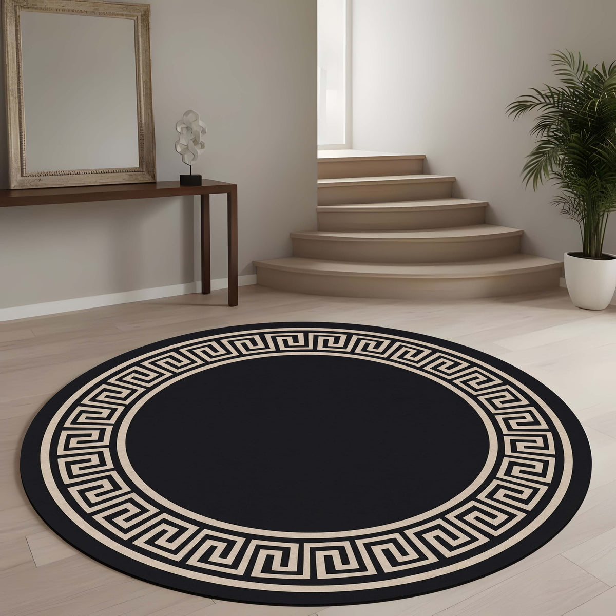 Luxury Greek Key Round Area Flat Rug | Black & Beige Circular Floor Mat | Modern Geometric Border Round Flat Rug for Living Room, Bedroom, Dining Area & Elegant Home Decor