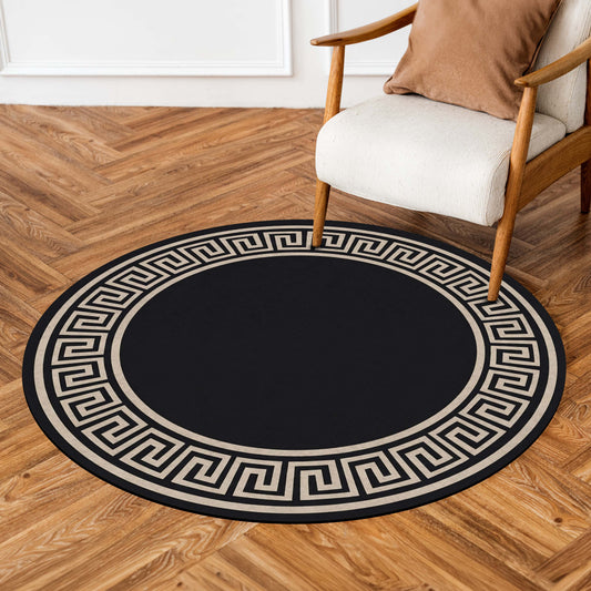 Luxury Greek Key Round Area Flat Rug | Black & Beige Circular Floor Mat | Modern Geometric Border Round Flat Rug for Living Room, Bedroom, Dining Area & Elegant Home Decor