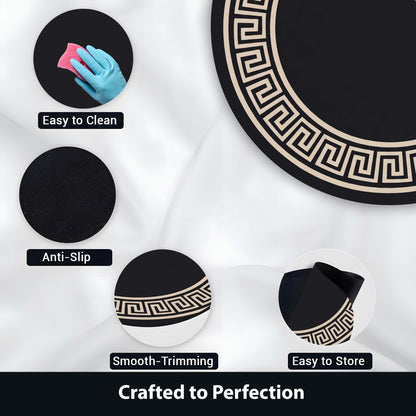 Luxury Greek Key Round Area Flat Rug | Black & Beige Circular Floor Mat | Modern Geometric Border Round Flat Rug for Living Room, Bedroom, Dining Area & Elegant Home Decor