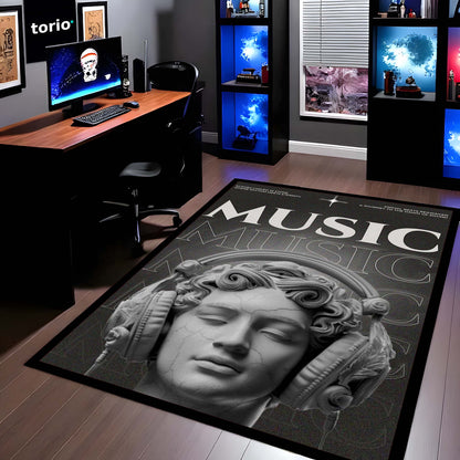 Classical Music Sculpture Area Flat Rug | Greek Marble Head with Headphones Area Flat Rug | Premium Aesthetic Living Room & Gaming Room Floor Decor