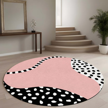 Abstract Blush Pink Round Area Flat Rug | Modern Geometric Floor Mat | Scandinavian Pink Circle Flat Rug for Bedroom, Nursery, Living Room & Contemporary Home Decor