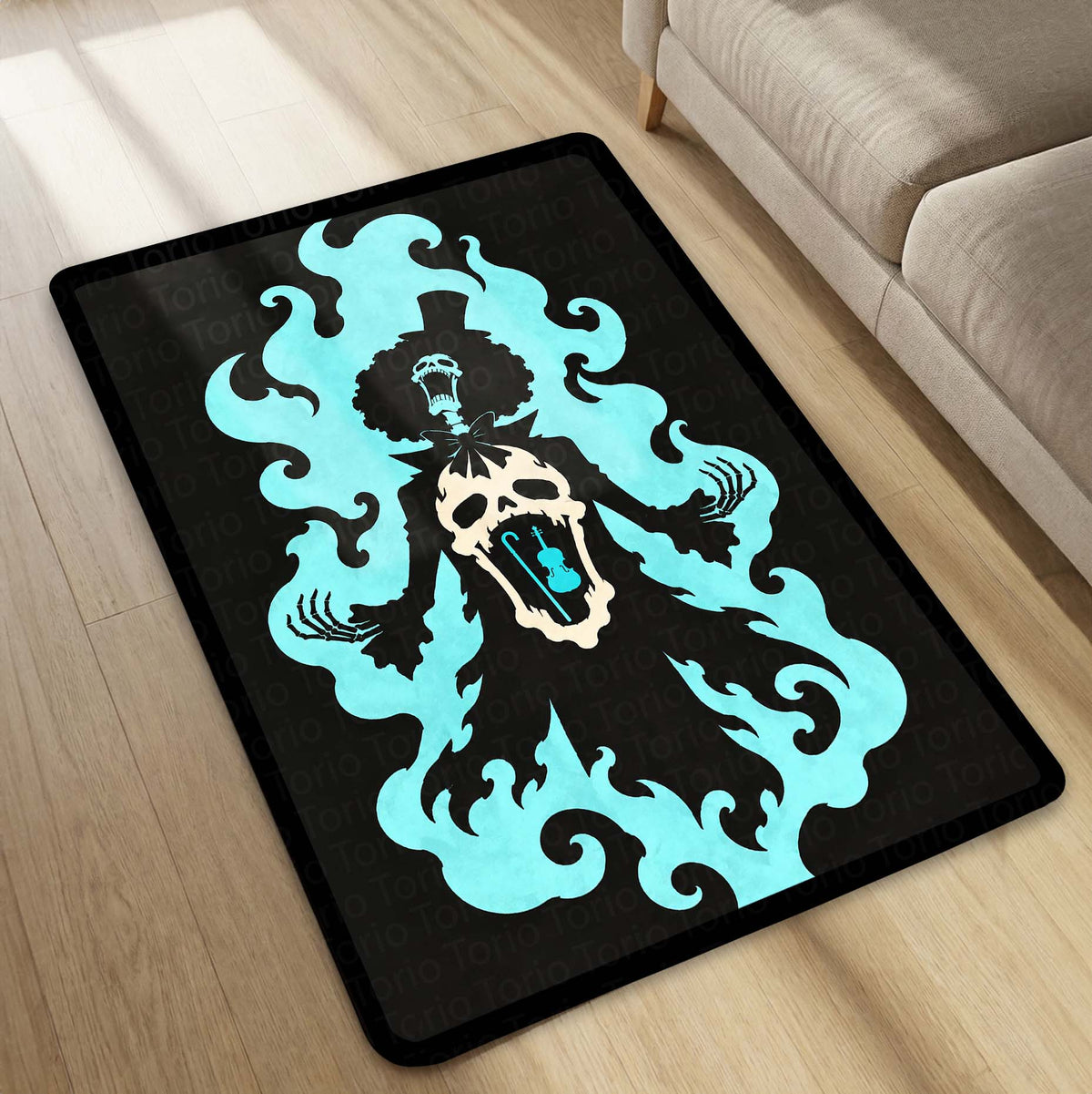 One Piece Brook Soul King Area Flat Rug | Soul Solid Blue Flame Skeleton Anime Design | Premium Anti-Slip Flat Area Flat Rug