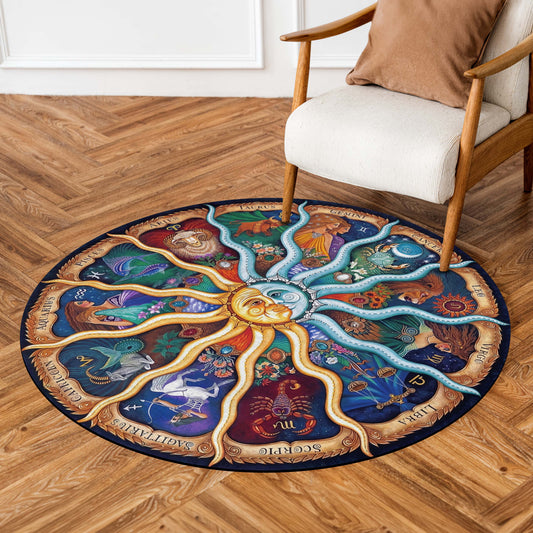 Zodiac Wheel Round Area Flat Rug | Celestial Astrology Floor Mat | Vintage Horoscope Round Flat Rug for Living Room, Meditation Space, Bedroom & Bohemian Home Decor
