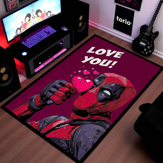 Deadpool "Love You!" Area Flat Rug | Marvel Anti-Hero Comic Style Area Flat Rug | Premium Superhero Living Room & Gaming Room Floor Decor