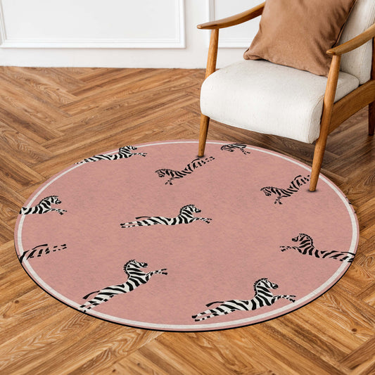 Pink Zebra Round Area Flat Rug | Cute Safari Animal Floor Mat | Pastel Pink Zebra Print Round Flat Rug for Kids Room, Nursery, Bedroom & Modern Home Decor