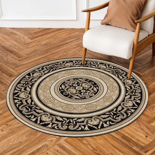 Vintage Medallion Round Area Flat Rug | Classic Ornamental Floor Mat | Traditional Round Flat Rug for Living Room, Bedroom, Dining Area & Elegant Home Decor