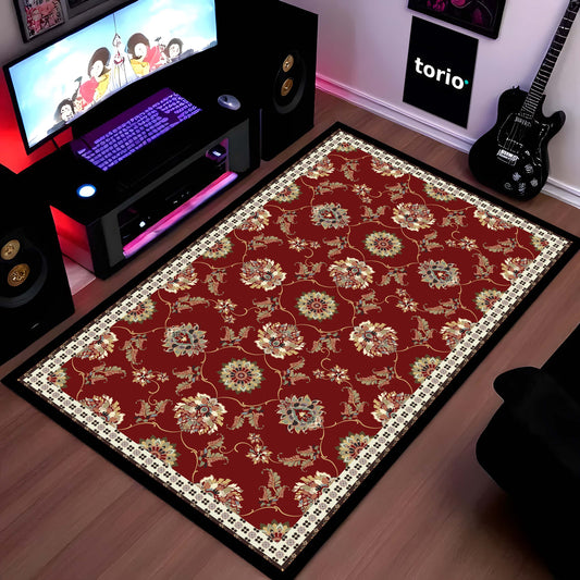 Royal Red Vintage Floral Floor Mat (3 mm Thick) | Classic Traditional Pattern Area Mat for Living Room, Bedroom & Heritage Home Decor