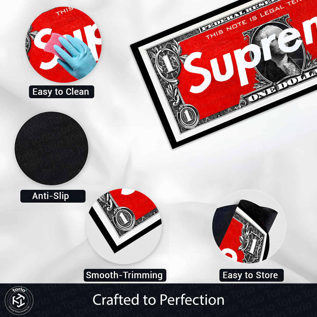 Supreme Dollar Bedside Runner (3 mm Thick) | Streetwear Money Aesthetic Bedroom Floor Mat for Modern Room Decor