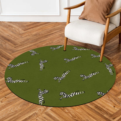 Olive Green Zebra Round Area Flat Rug | Safari Animal Floor Mat | Modern Zebra Print Circle Flat Rug for Kids Room, Nursery, Bedroom & Contemporary Home Decor