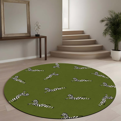Olive Green Zebra Round Area Flat Rug | Safari Animal Floor Mat | Modern Zebra Print Circle Flat Rug for Kids Room, Nursery, Bedroom & Contemporary Home Decor