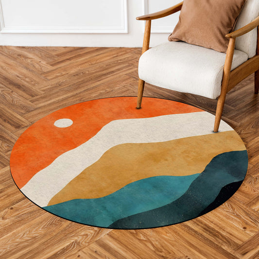Abstract Landscape Round Area Flat Rug | Modern Boho Circle Floor Mat | Minimalist Contemporary Round Flat Rug for Living Room, Bedroom, Reading Corner & Stylish Home Decor