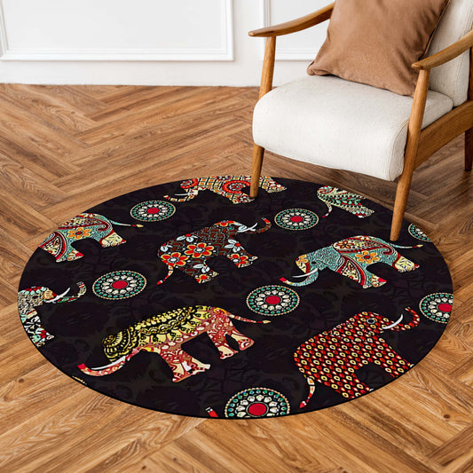 Bohemian Elephant Round Area Flat Rug | Mandala Elephant Floor Mat | Ethnic Indian Style Round Carpet for Living Room, Bedroom, Meditation Space & Boho Home Decor