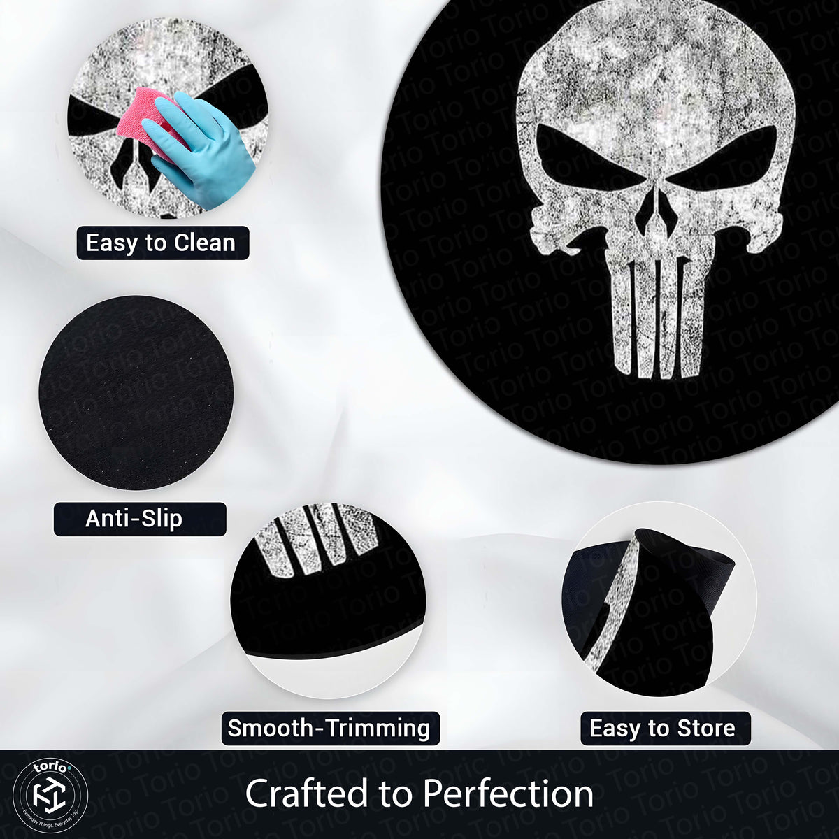 Skull Emblem Circular Floor Mat (3 mm Thick) | Dark Minimal Round Flat Rug for Gaming Room, Bedroom & Man Cave Decor | TORIO