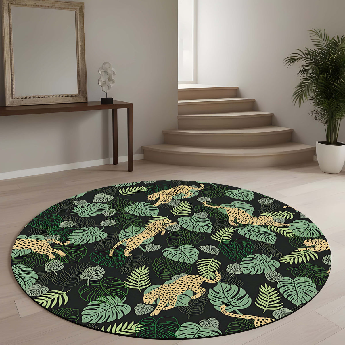 Tropical Leopard Round Area Flat Rug | Jungle Safari Print Floor Mat | Botanical Wildlife Round Carpet for Living Room, Bedroom, Reading Corner & Modern Home Decor