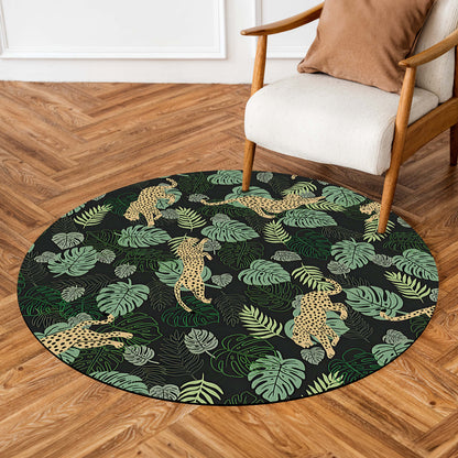 Tropical Leopard Round Area Flat Rug | Jungle Safari Print Floor Mat | Botanical Wildlife Round Carpet for Living Room, Bedroom, Reading Corner & Modern Home Decor