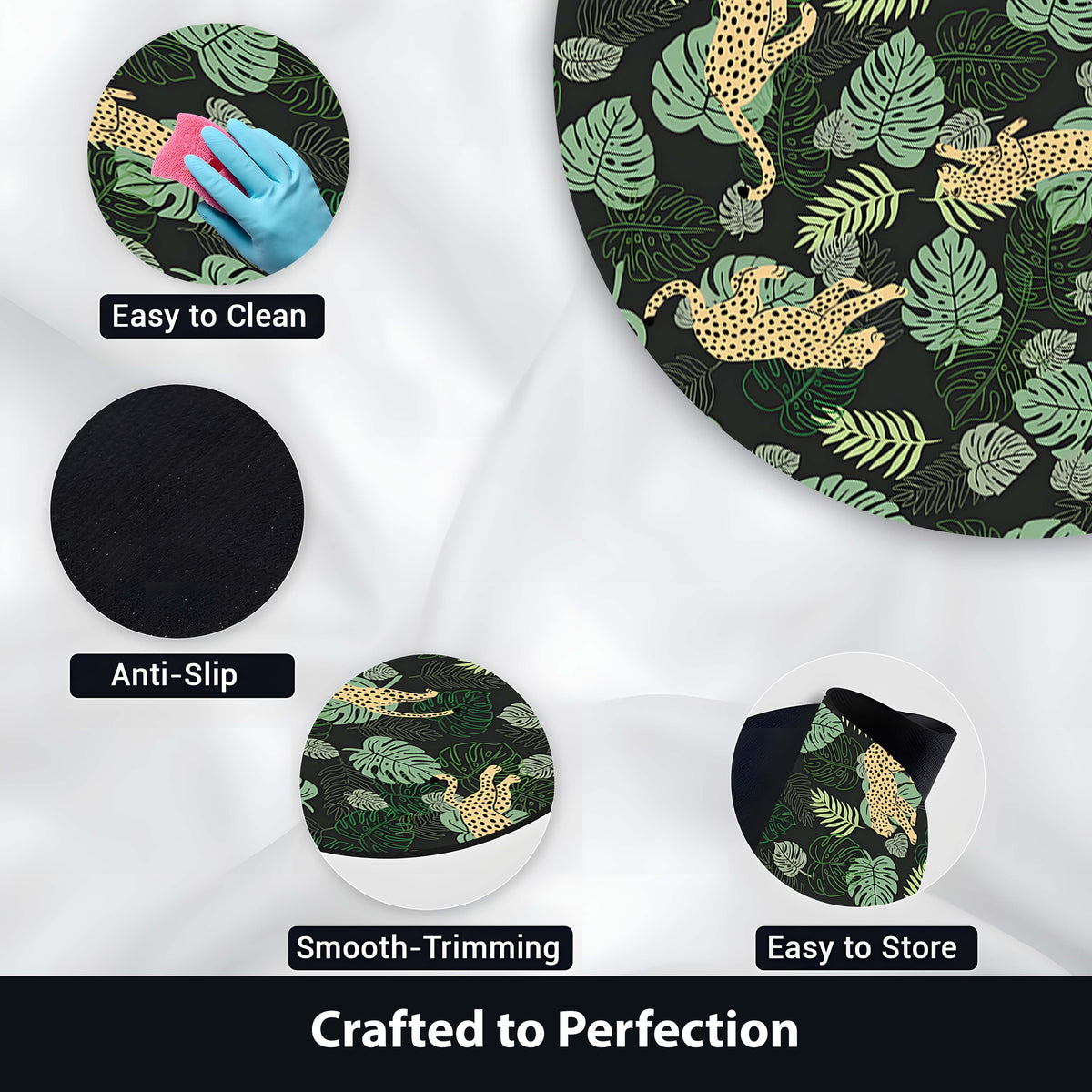 Tropical Leopard Round Area Flat Rug | Jungle Safari Print Floor Mat | Botanical Wildlife Round Carpet for Living Room, Bedroom, Reading Corner & Modern Home Decor