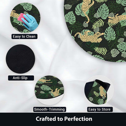 Tropical Leopard Round Area Flat Rug | Jungle Safari Print Floor Mat | Botanical Wildlife Round Carpet for Living Room, Bedroom, Reading Corner & Modern Home Decor