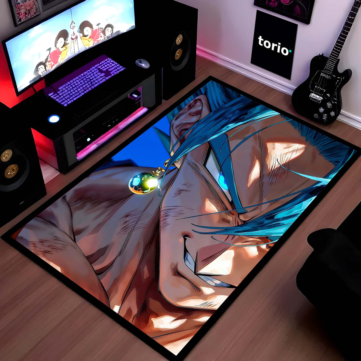 Blue-Haired Saiyan Warrior Area Flat Rug | Anime Power-Up Area Flat Rug | Premium Gaming & Bedroom Decor Flat Rug