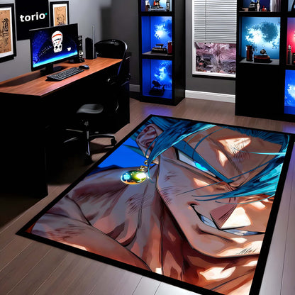 Blue-Haired Saiyan Warrior Area Flat Rug | Anime Power-Up Area Flat Rug | Premium Gaming & Bedroom Decor Flat Rug