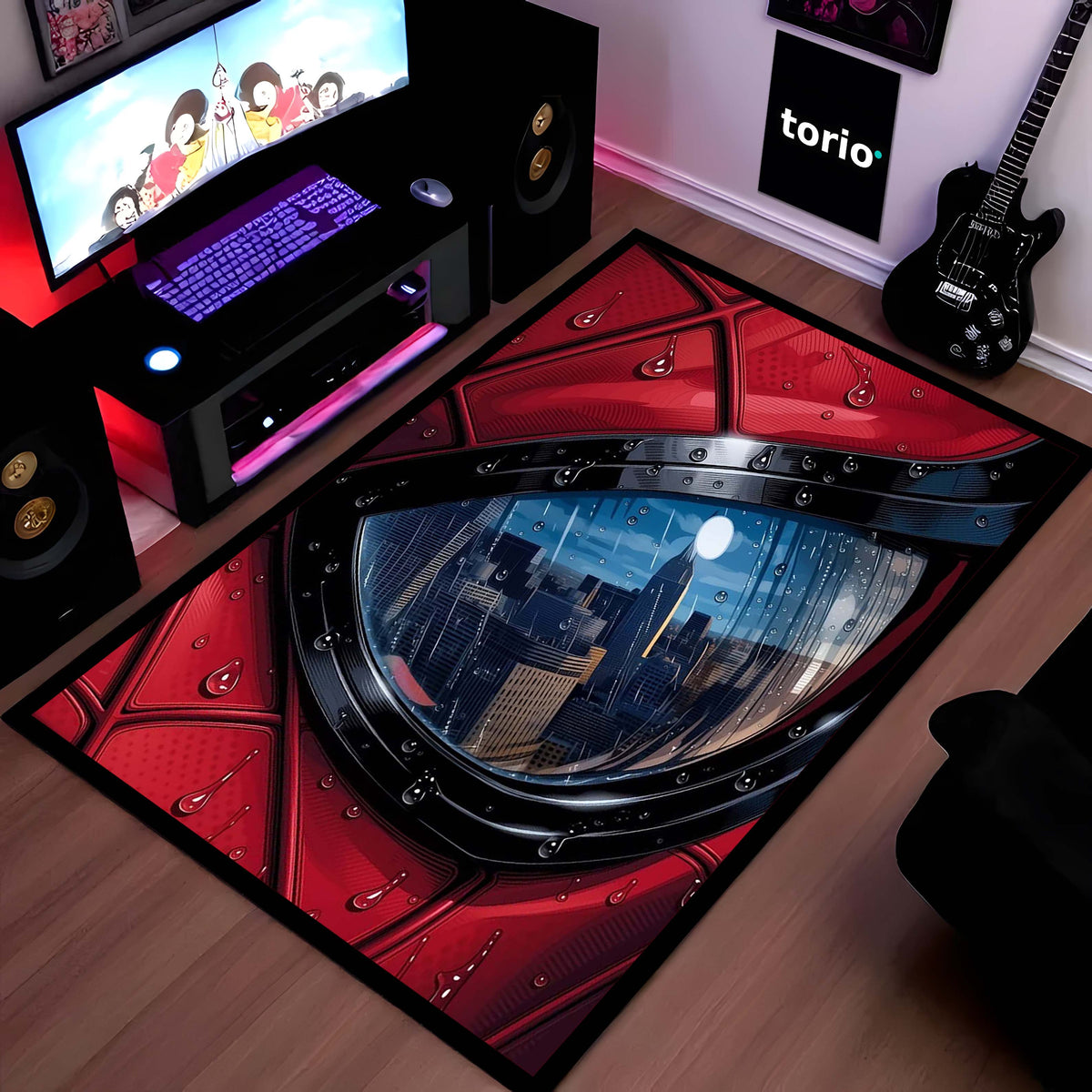 Spider-Man Mask Reflection Area Flat Rug | Superhero Cityscape Area Flat Rug | Premium Comic-Inspired Gaming & Bedroom Decor Flat Rug