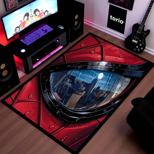 Spider-Man Mask Reflection Area Flat Rug | Superhero Cityscape Area Flat Rug | Premium Comic-Inspired Gaming & Bedroom Decor Flat Rug