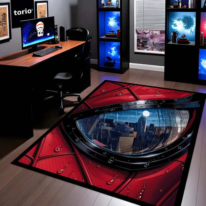 Spider-Man Mask Reflection Area Flat Rug | Superhero Cityscape Area Flat Rug | Premium Comic-Inspired Gaming & Bedroom Decor Flat Rug