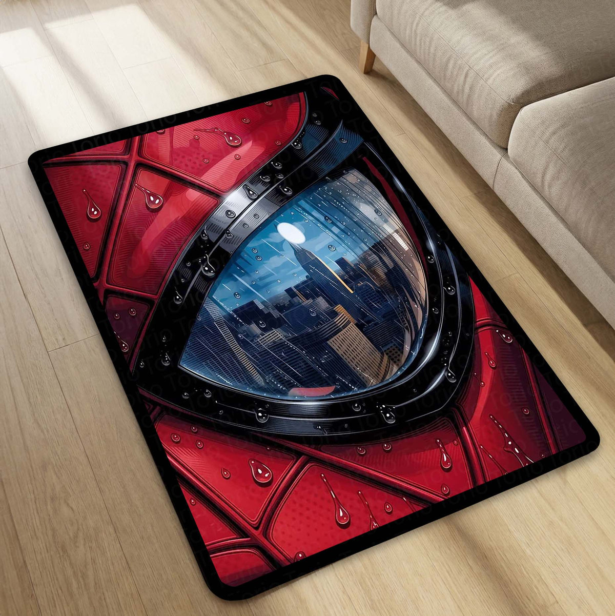 Spider-Man Mask Reflection Area Flat Rug | Superhero Cityscape Area Flat Rug | Premium Comic-Inspired Gaming & Bedroom Decor Flat Rug
