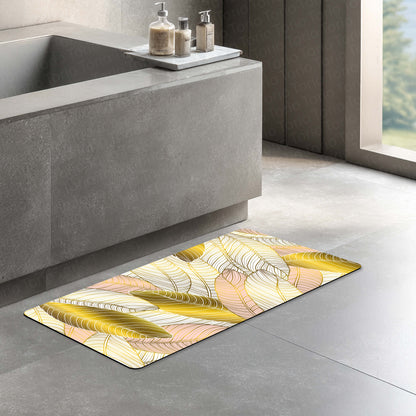 Golden Blush Tropical Leaf Floor Mat (3 mm Thick) | Soft Botanical Bedroom Bedside Runner for Modern Home Decor