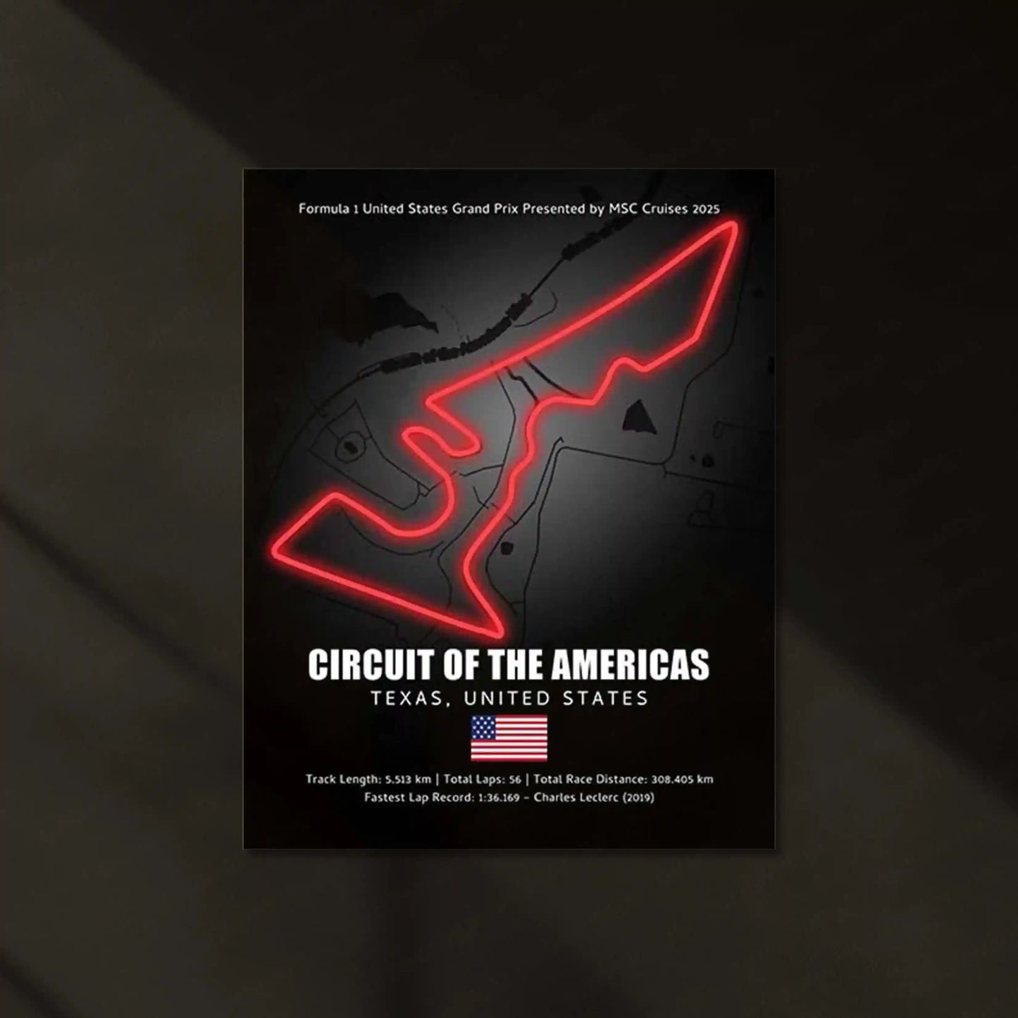 LED | 🇺🇸 Circuit of the Americas Neon LED Metal Poster – Glowing USA F1 Track Wall Art (COTA) - TURTLEWINGS
