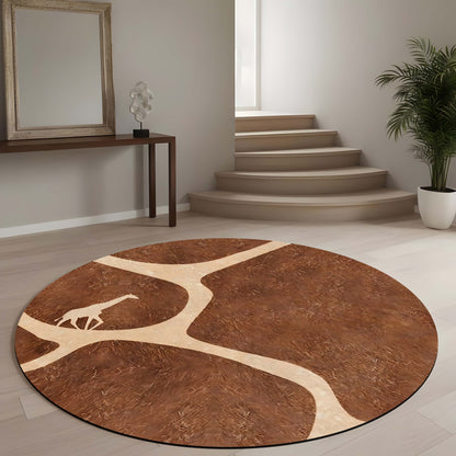 Rustic Giraffe Round Area Flat Rug | African Safari Tree Silhouette Floor Mat | Earth Tone Wildlife Round Carpet for Living Room, Bedroom, Reading Corner & Nature Inspired Decor