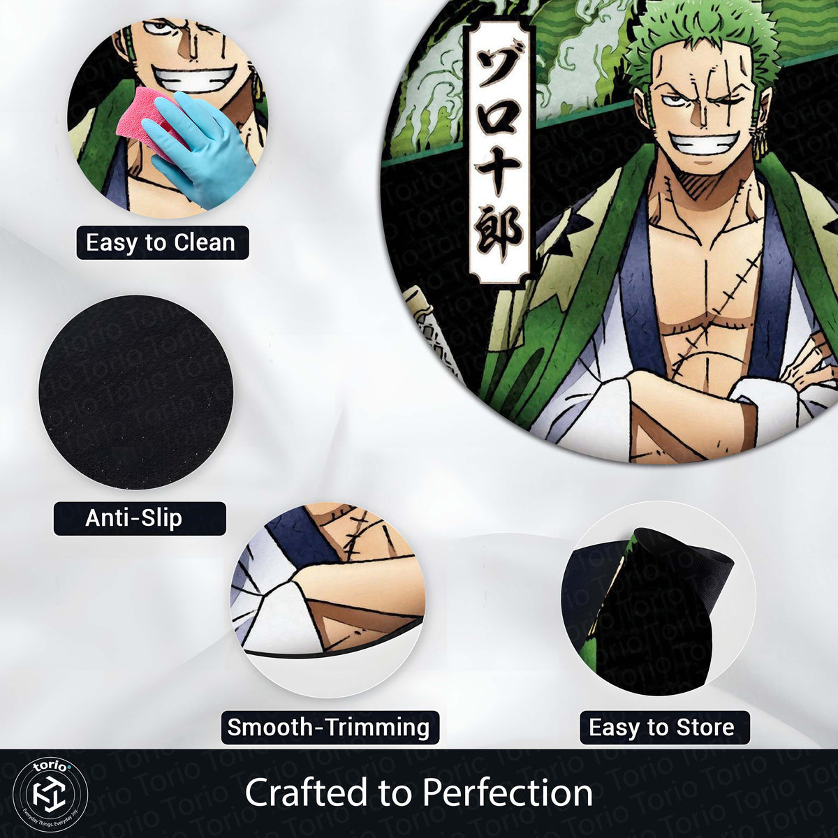 Roronoa Zoro Circular Floor Mat (3 mm Thick) | One Piece Anime Round Flat Rug with Samurai Aesthetic for Bedroom, Gaming Room & Otaku Home Decor | TORIO