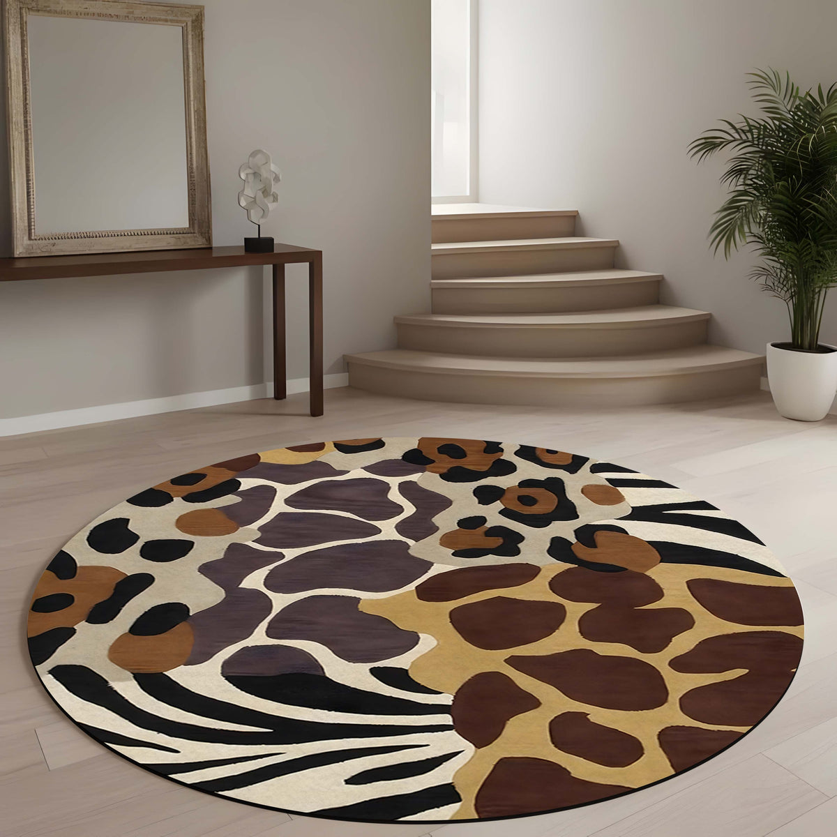 Safari Animal Print Round Area Flat Rug | Leopard Zebra Giraffe Pattern Floor Mat | Wildlife Inspired Round Carpet for Living Room, Bedroom, Reading Corner & Modern Home Decor