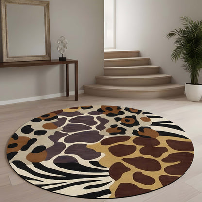 Safari Animal Print Round Area Flat Rug | Leopard Zebra Giraffe Pattern Floor Mat | Wildlife Inspired Round Carpet for Living Room, Bedroom, Reading Corner & Modern Home Decor