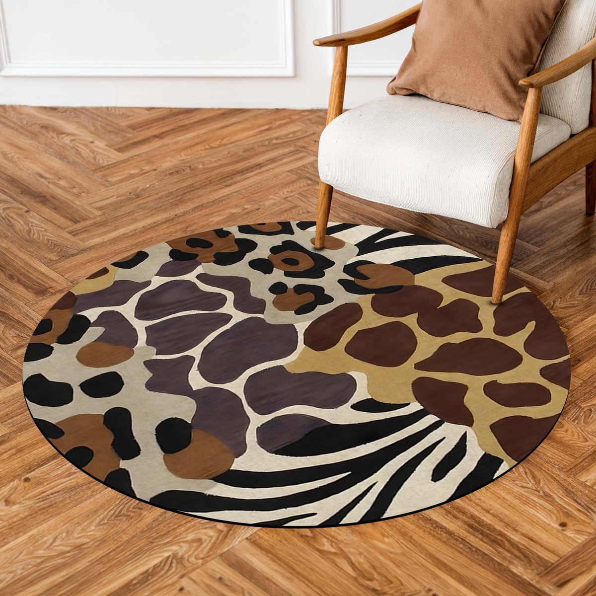 Safari Animal Print Round Area Flat Rug | Leopard Zebra Giraffe Pattern Floor Mat | Wildlife Inspired Round Carpet for Living Room, Bedroom, Reading Corner & Modern Home Decor