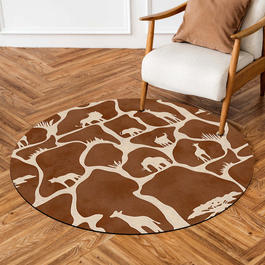 Safari Silhouette Round Area Flat Rug | Minimal Wildlife Animal Pattern Floor Mat | Modern African Safari Inspired Round Carpet for Living Room, Bedroom & Reading Corner Decor
