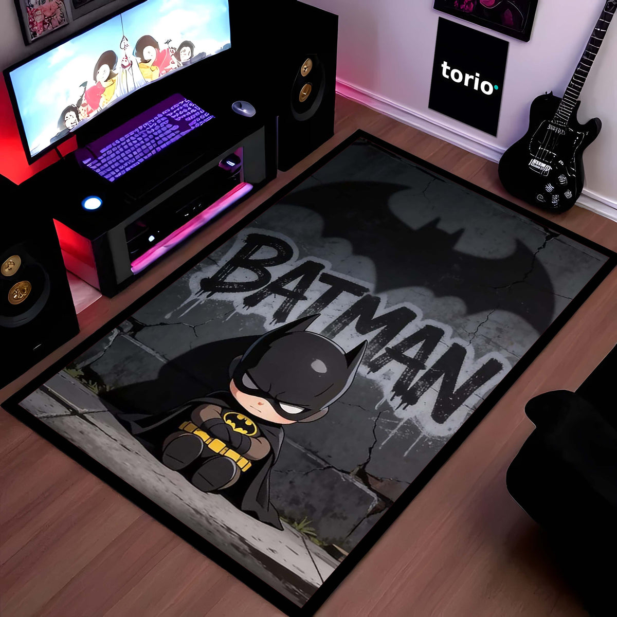 Cute Batman Chibi Area Flat Rug | Batman Superhero Area Flat Rug | Premium DC-Inspired Gaming Room Decor Flat Rug