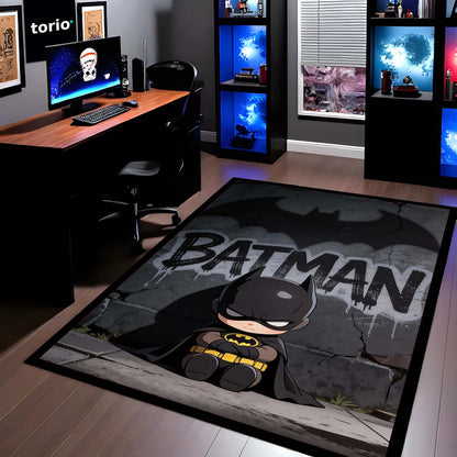 Cute Batman Chibi Area Flat Rug | Batman Superhero Area Flat Rug | Premium DC-Inspired Gaming Room Decor Flat Rug
