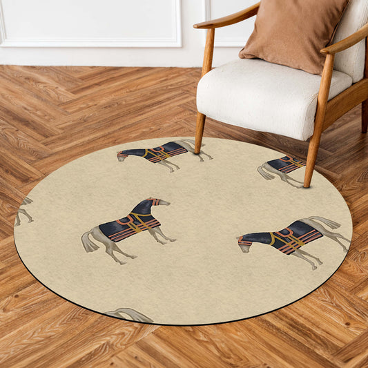 Horse Pattern Round Area Flat Rug | Minimal Equestrian Animal Print Floor Mat | Vintage Stable Inspired Circular Carpet for Living Room, Bedroom & Reading Corner Decor