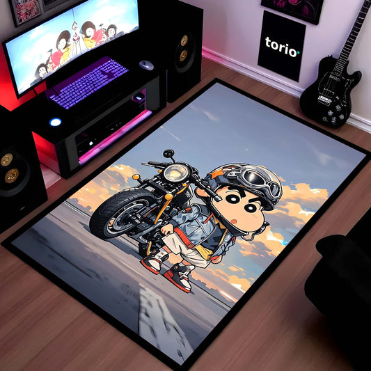 Shinchan Biker Chibi Area Flat Rug | Cute Shinchan Motorcycle Area Flat Rug | Premium Cartoon Gaming Room Decor Flat Rug