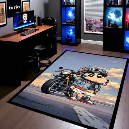 Shinchan Biker Chibi Area Flat Rug | Cute Shinchan Motorcycle Area Flat Rug | Premium Cartoon Gaming Room Decor Flat Rug